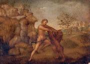Hercules and the Nemean Lion, oil on panel painting attributed to Jacopo Torni